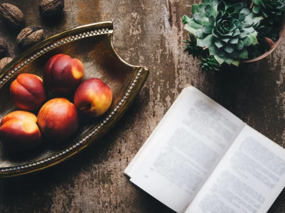 image of peaches, a plant and a book on a table