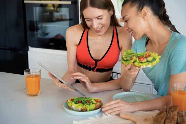 women eating food in sportswear with an ipad