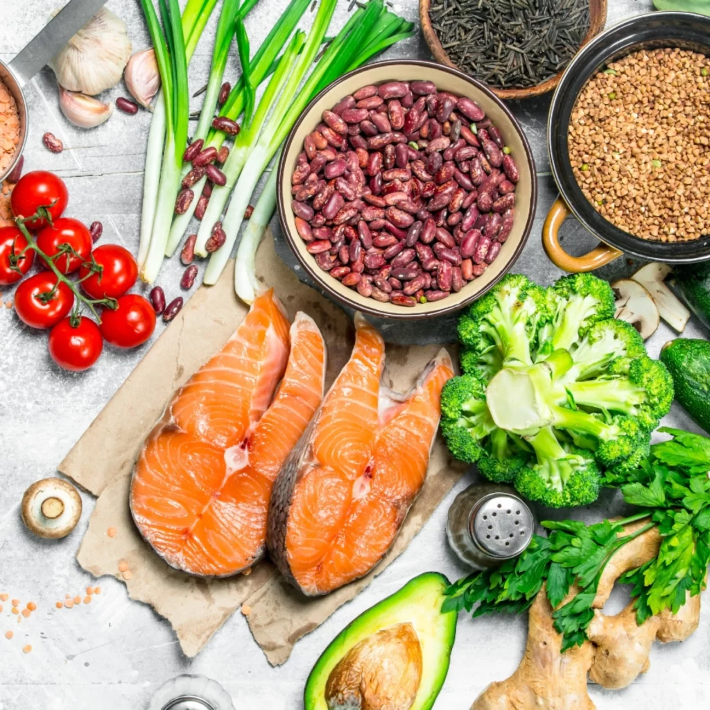 image of fresh foods such as salmon and vegetables from above