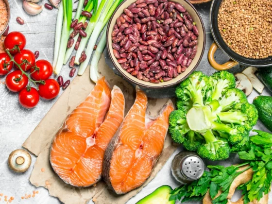 image of fresh foods such as salmon and vegetables from above