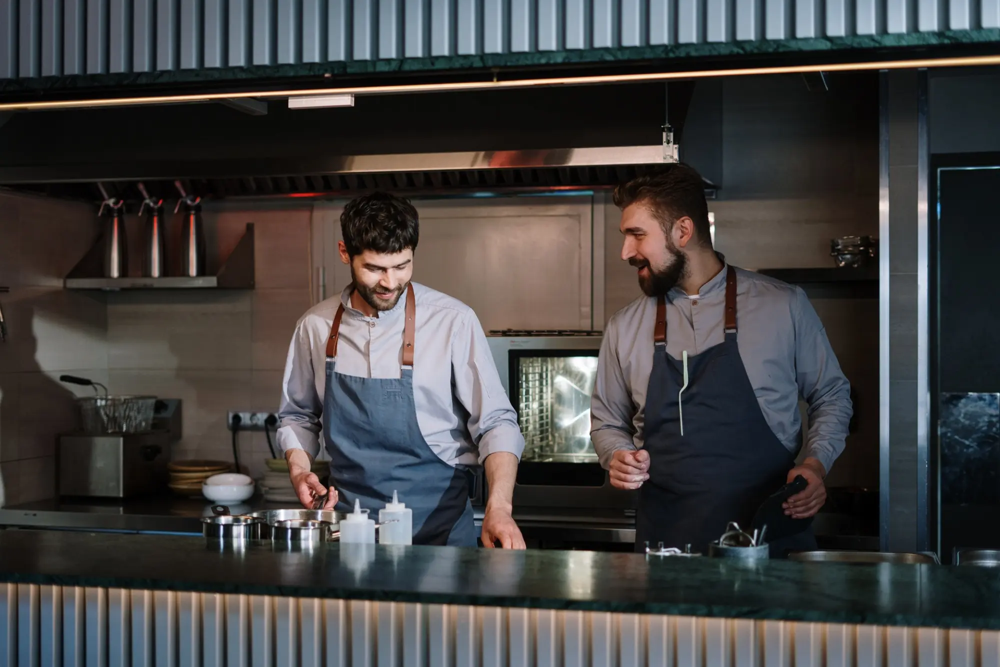 two chefs in a commercial kitchen