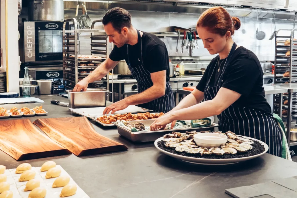 caterers in a commercial kitchen