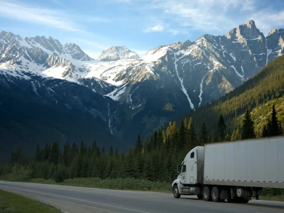 truck driving with mountains in the background