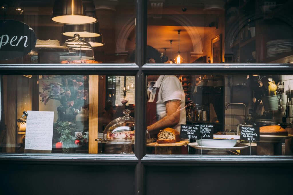 Bakery display of products through shop window